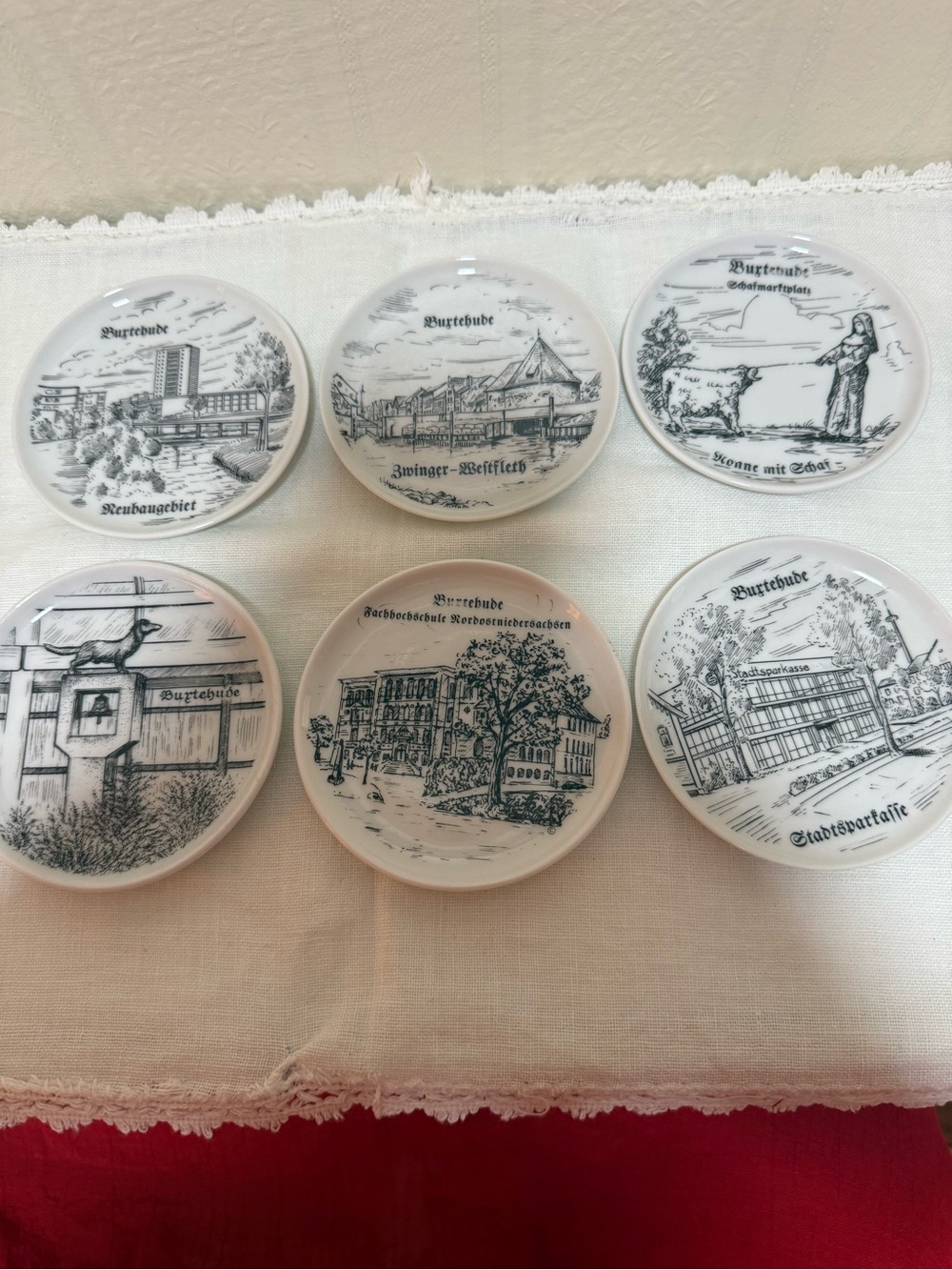 Set of 6 Ceramic Collector‎ Plates with Black Scenic Sketches